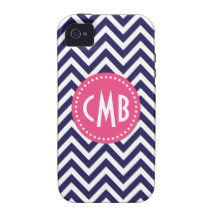Navy Blue & Pink Modern Chevron Custom Monogram iPhone 4/4S Case