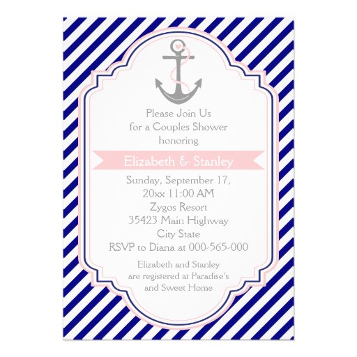 Navy blue, pink nautical couples wedding shower invitations