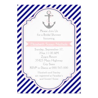 Navy blue, pink nautical wedding bridal shower announcement