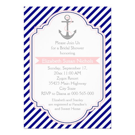 Navy blue, pink nautical wedding bridal shower announcement
