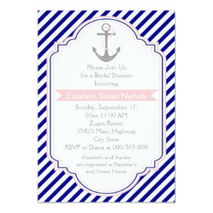 Navy blue, pink nautical wedding bridal shower 5x7 paper invitation card