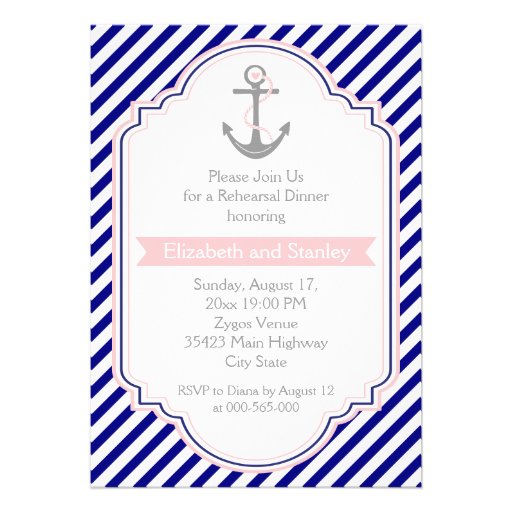 Navy blue, pink nautical wedding rehearsal dinner invitations