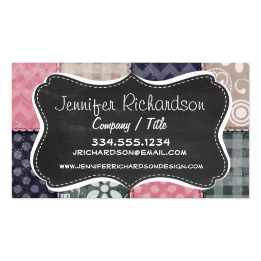 Navy Blue, Pink, Tan, and Gray Cute Quilt look Business Card Templates (front side)