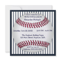Navy Blue Pinstripes Baseball Birthday Party Custom Announcements