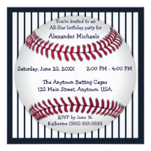 Navy Blue Pinstripes Baseball Birthday Party Custom Announcements