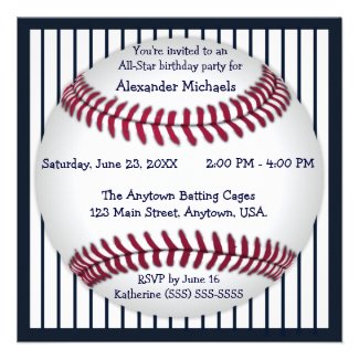 Navy Blue Pinstripes Baseball Birthday Party Custom Announcements