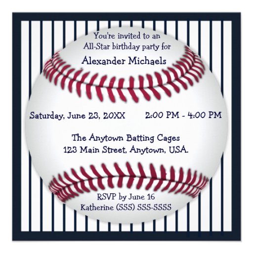 Navy Blue Pinstripes Baseball Birthday Party Custom Announcements (front side)