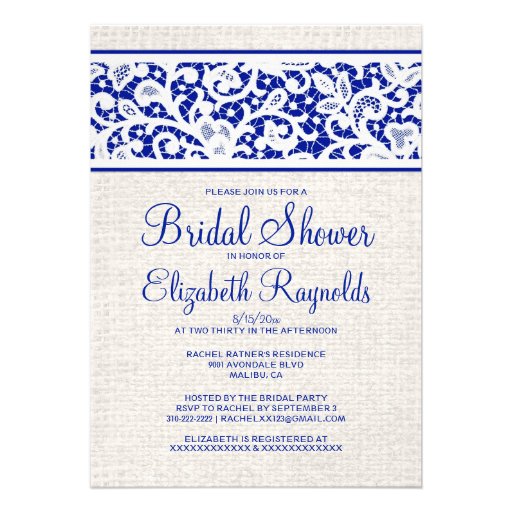 Navy Blue Rustic Burlap Linen Bridal Shower Invite