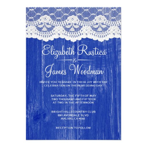 Navy Blue Rustic Lace Barn Wood Wedding Invitation