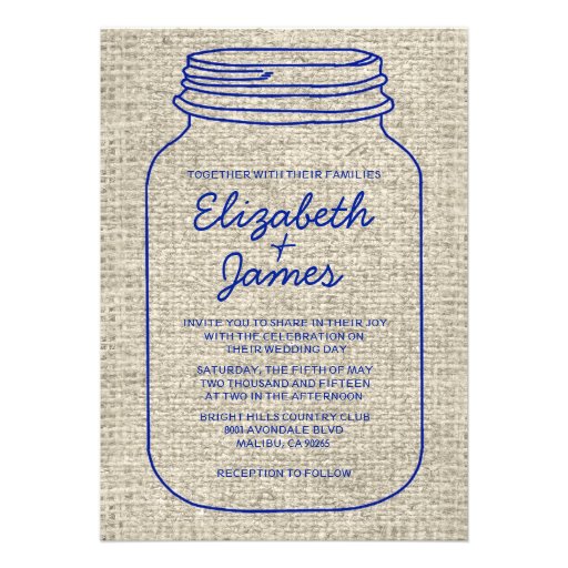 Navy Blue Rustic Mason Jar Wedding Invitations