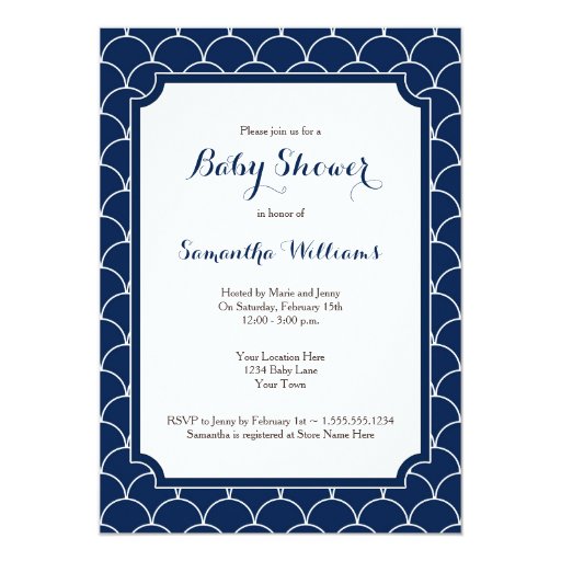 Navy Blue Scallop Pattern Baby Shower Invitation