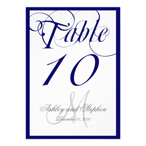Navy Blue Script Monogram Wedding Table Number Invites