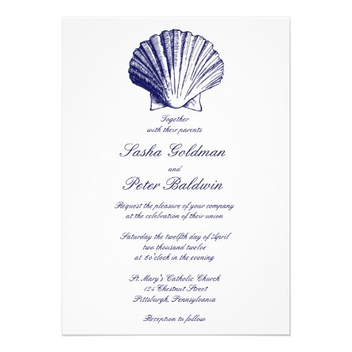 Navy Blue Sea Shells Wedding Invitation