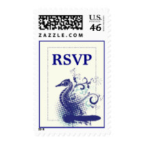 Navy blue seahorse on ivory wedding RSVP stamp