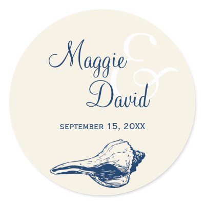 Beach Wedding Party Favors on Navy Blue Seashell Beach Wedding Party Favor Label Sticker From Zazzle