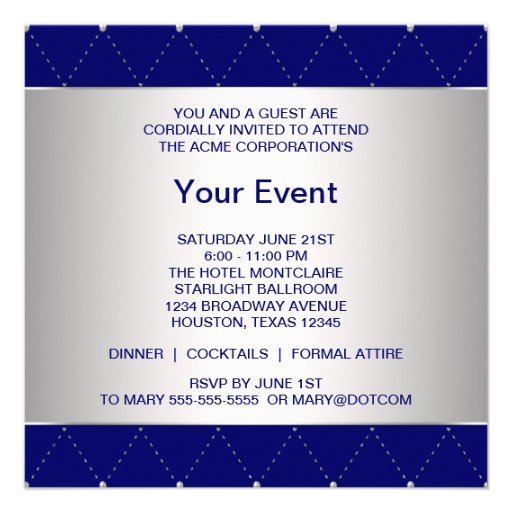 Navy Blue Silver Blue Corporate Party Personalized Invite