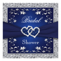 Navy Blue, Silver Floral, Hearts Bridal Shower invitations