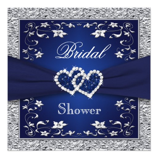 Navy Blue, Silver Floral, Hearts Bridal Shower Invites