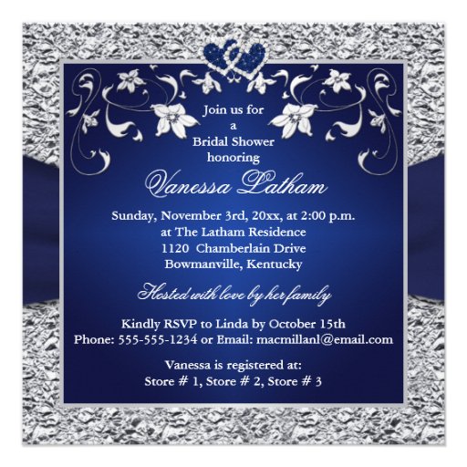 Navy Blue, Silver Floral, Hearts Bridal Shower Invites