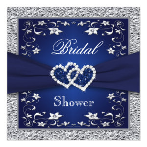 Navy Blue, Silver Floral, Hearts Bridal Shower 5.25x5.25 Square Paper Invitation Card