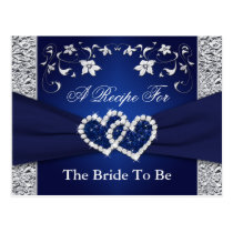 Navy Blue, Silver Floral Hearts Recipe Card postcards