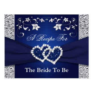 Navy Blue, Silver Floral Hearts Recipe Card Postcard