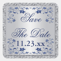 Navy Blue Silver Gray Floral Save The Date Sticker stickers