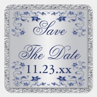 Navy Blue Silver Gray Floral Save The Date Sticker