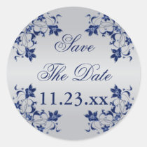 Navy Blue Silver Gray Floral Save The Date Sticker stickers