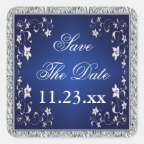 Navy Blue Silver Gray Floral Save The Date Sticker stickers