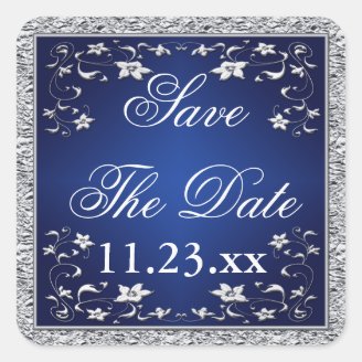 Navy Blue Silver Gray Floral Save The Date Sticker