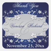 Navy Blue Silver Gray Floral Wedding Favor Sticker stickers