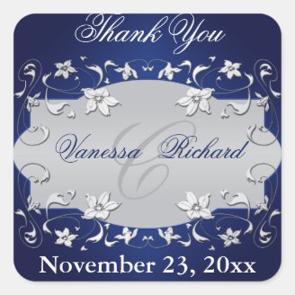 Navy Blue Silver Gray Floral Wedding Favor Sticker