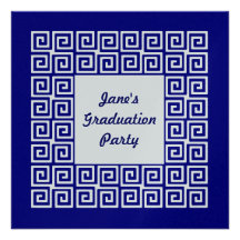 Navy Blue & Silver Greek Key Grad Party Invitation