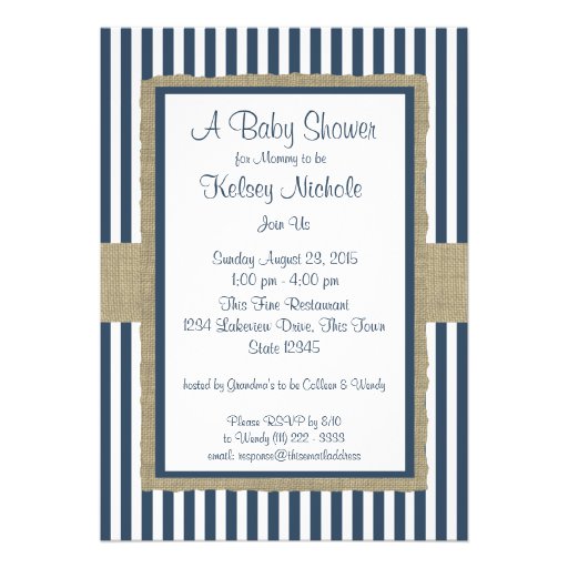 Navy Blue Stripes Baby Shower Custom Invitation