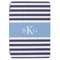 Navy Blue Stripes Custom Monogram iPad Air Cover at Zazzle