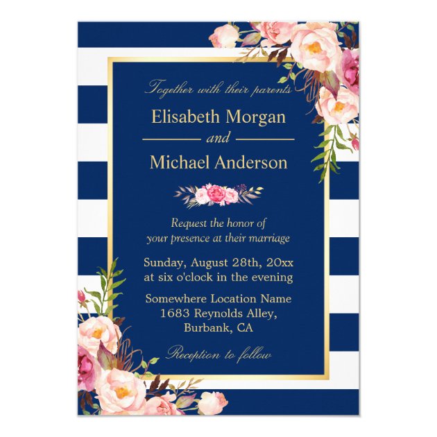 Navy Blue Stripes Floral | Classy Formal Wedding Card