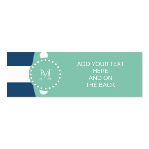 Navy Blue Stripes Pattern, Mint Green Monogram Business Card Templates (front side)