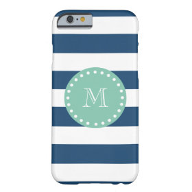 Navy Blue Stripes Pattern, Mint Green Monogram Barely There iPhone 6 Case