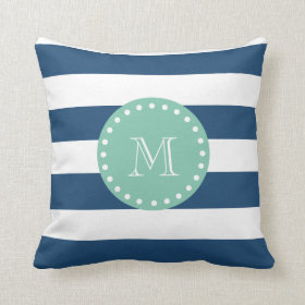 Navy Blue Stripes Pattern, Mint Green Monogram Pillow