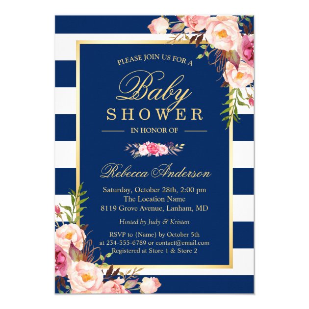 Navy Blue Stripes Pink Floral Classy Baby Shower Card (front side)