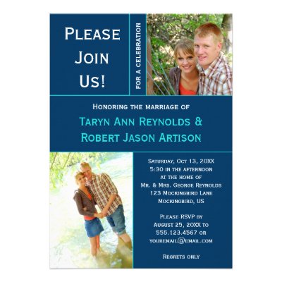 Navy Blue Teal Photo Block Post Wedding Invitation