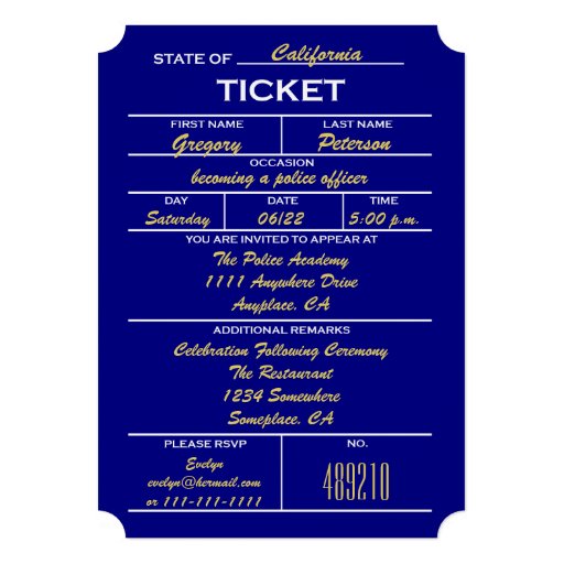 Navy Blue Ticket Police Graduation Invitations (front side)