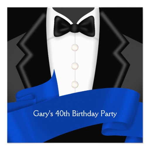 Navy Blue Tuxedo Mans 40th Birthday Party Invites (front side)