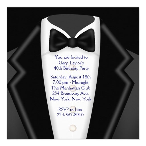 Navy Blue Tuxedo Mans 40th Birthday Party Invites