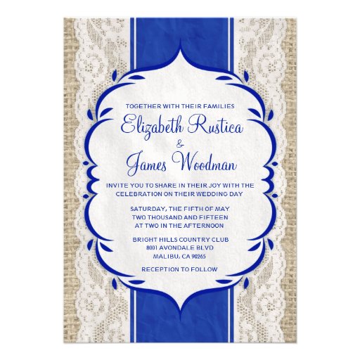 Navy Blue Vintage Linen Burlap Wedding Invitations