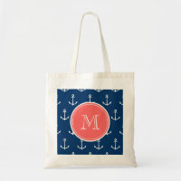 Navy Blue White Anchors Pattern, Coral Monogram Budget Tote Bag