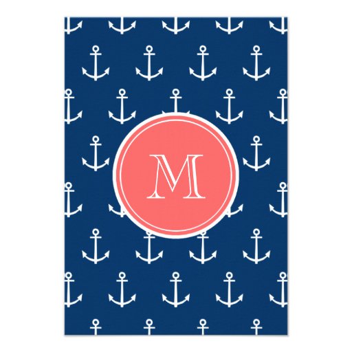 Navy Blue White Anchors Pattern, Coral Monogram Custom Announcements