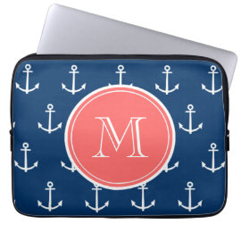 Navy Blue White Anchors Pattern, Coral Monogram Laptop Computer Sleeves