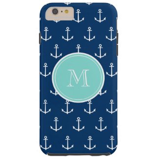 Navy Blue White Anchors Pattern, Mint Green Monogr Tough iPhone 6 Plus Case
